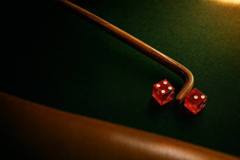 A stickman's hooked wooden stick resting across green craps felt beside two dice (AI-generated image)