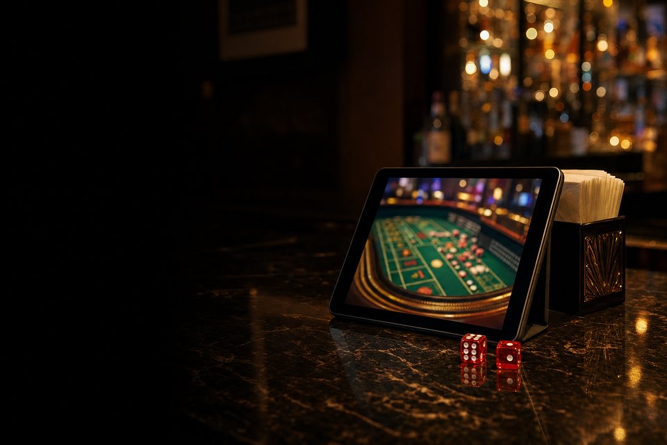 A tablet propped on a polished casino bar top, its screen showing a softly blurred live craps table (AI-generated image)