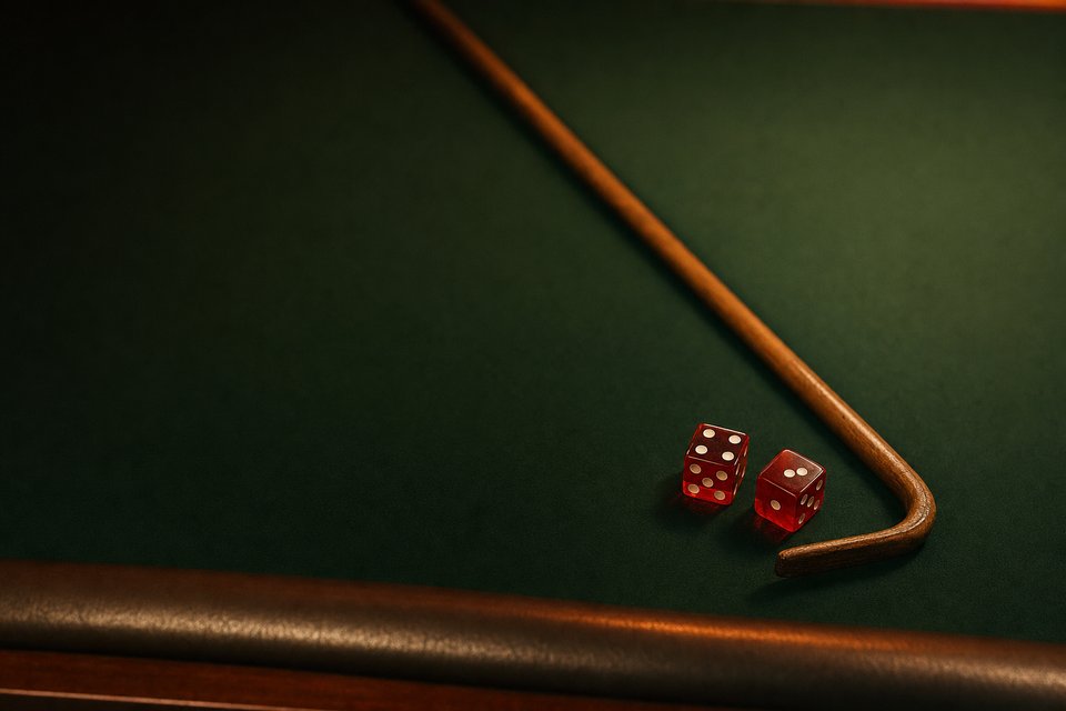 A wooden stickman's stick resting across green craps felt beside a pair of red dice under warm light (AI-generated image)