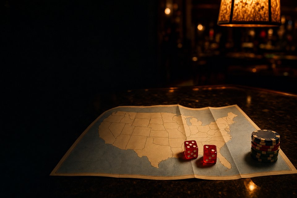 A road map of the United States spread on a dark wooden casino bar beside two red dice and a short stack of chips (AI-generated image)