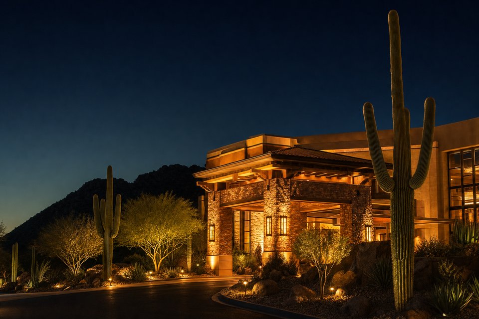 A low desert casino resort lit up at night, with saguaro cactus silhouetted against a deep blue sky (AI-generated image)