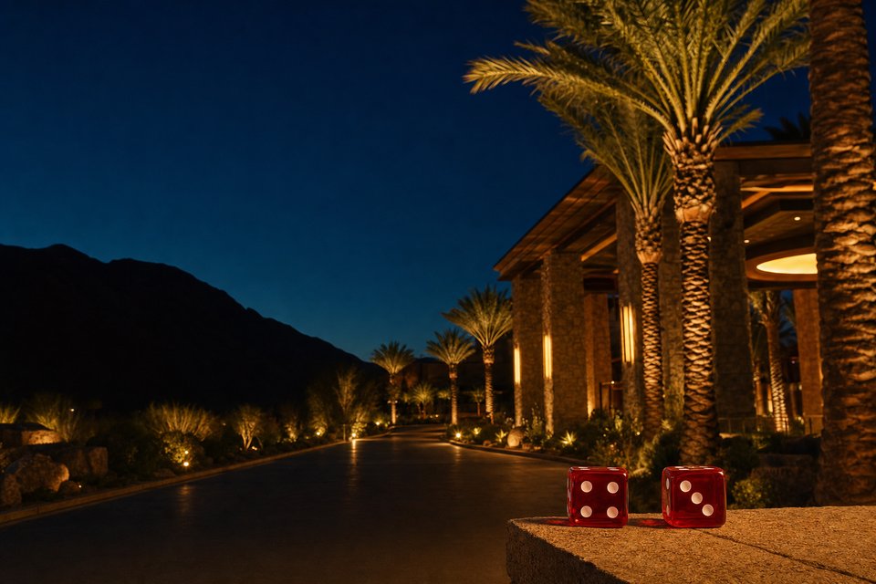 A tribal desert resort casino at night, its low stone entrance lit warm gold under palm trees and a dark mountain ridge (AI-generated image)