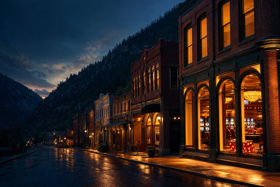 A narrow mountain-town street of old brick casino buildings lit up at dusk, with pine-covered slopes rising behind (AI-generated image)