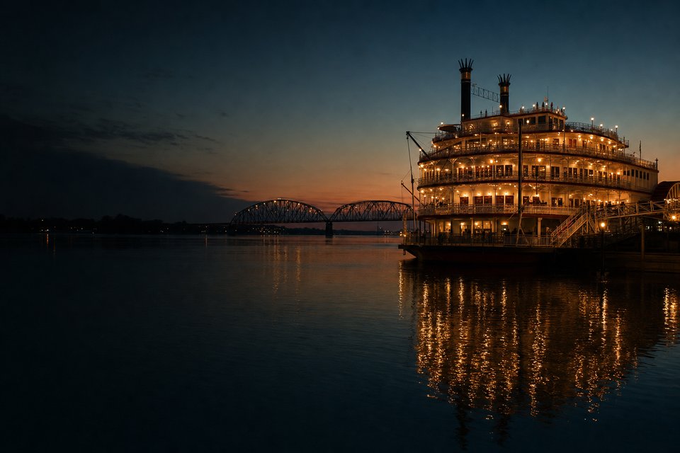 A riverboat-style casino lit up on a wide Midwestern river at dusk, reflected in the calm water (AI-generated image)