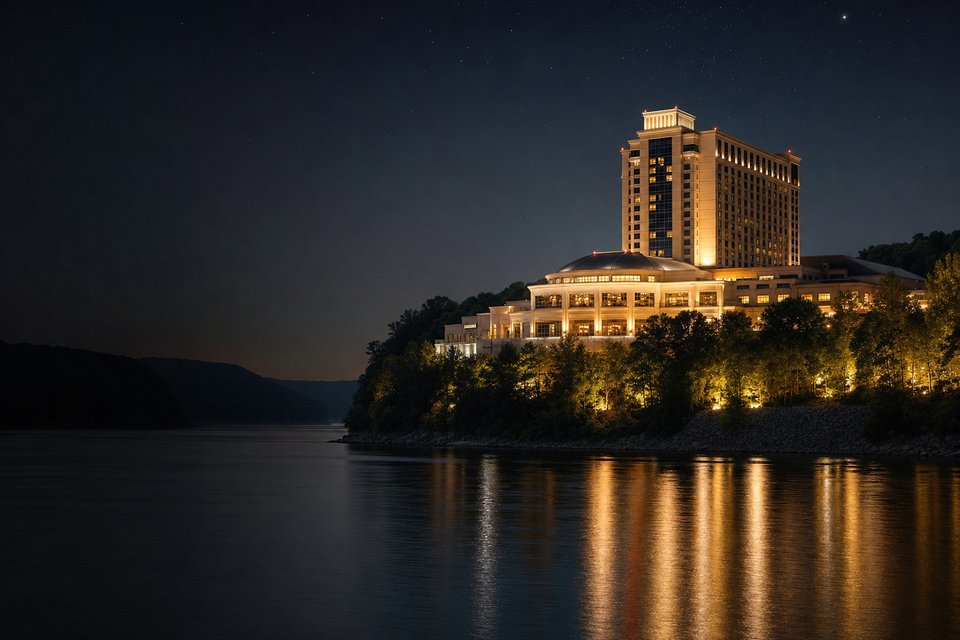 A casino resort on a wooded bend of the Ohio River at night, its lights reflected on dark water (AI-generated image)