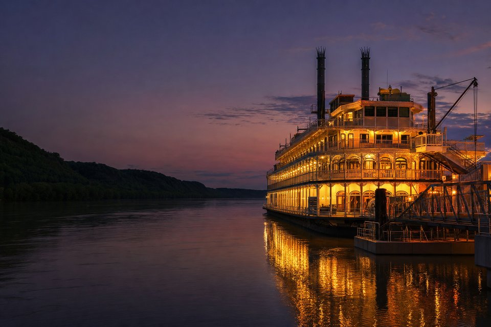 A riverboat-style casino moored on the Mississippi River at dusk, its decks lit warm against a darkening sky (AI-generated image)