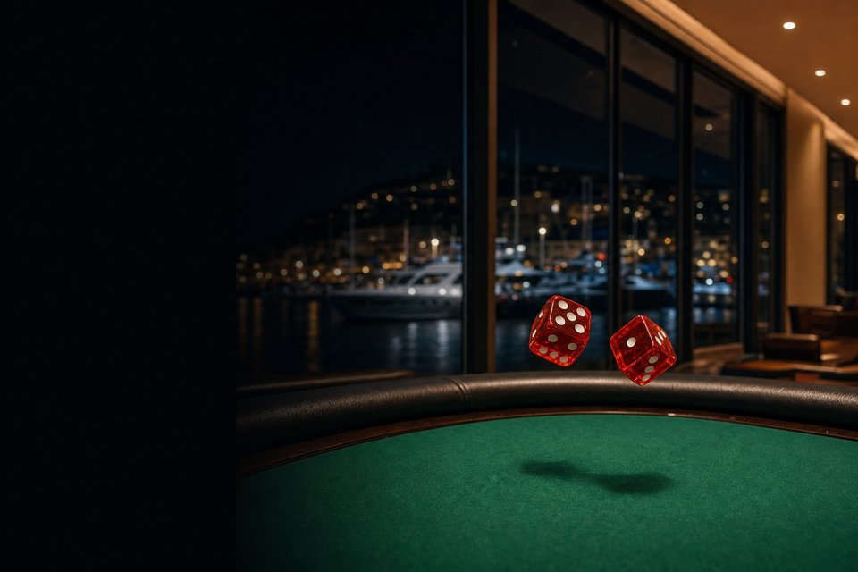 Two red dice in mid-air above a craps table in a glass-walled casino by a harbor at night (AI-generated image)