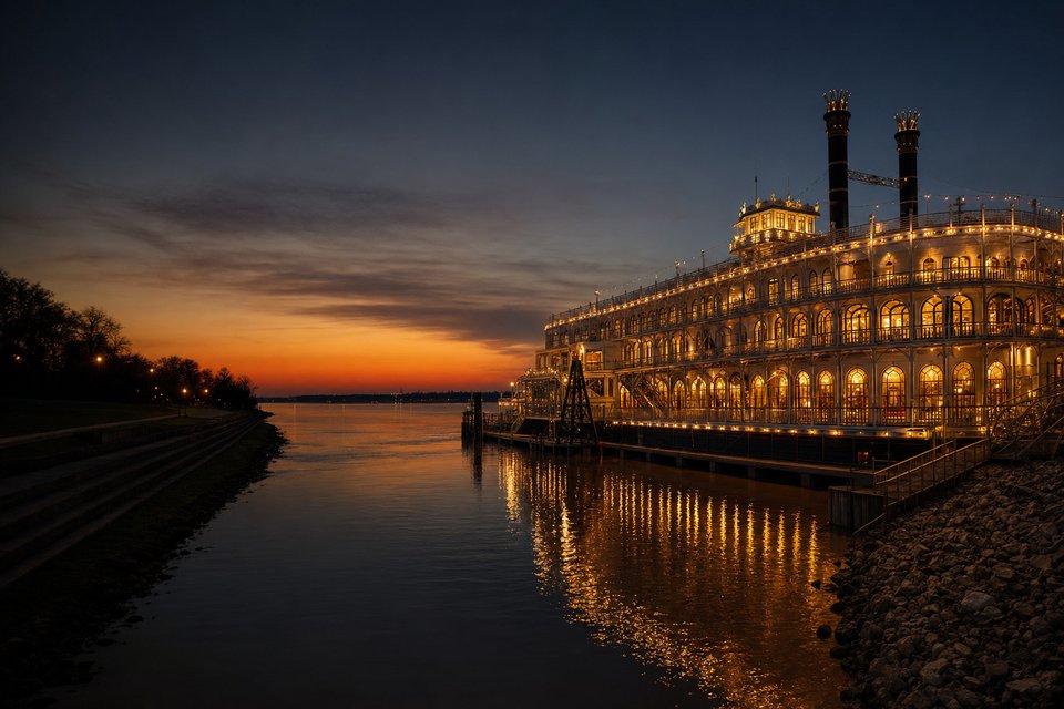 A riverboat-style casino glowing on the bank of the Mississippi River at dusk, its lights reflected in the brown water (AI-generated image)
