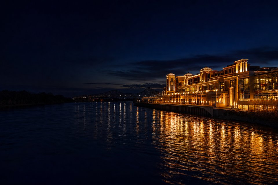 A riverfront casino on the Missouri River at night, its lights reflected in dark water beside a steel bridge (AI-generated image)