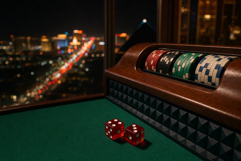Chips on a craps table rail beside a high window above a desert boulevard of neon at night (AI-generated image)