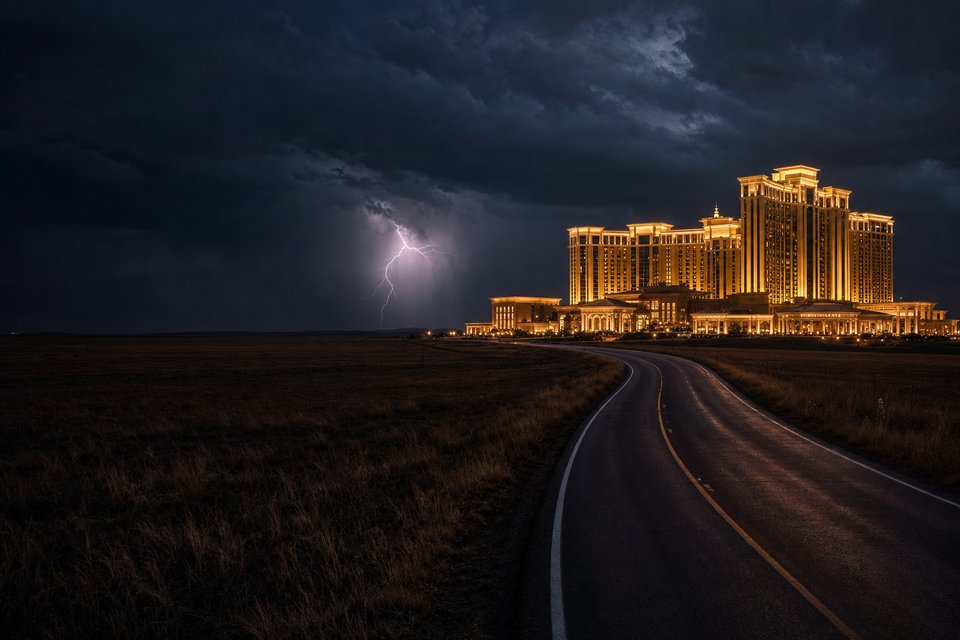 A large casino resort glowing on flat open prairie at night under a wide sky with distant storm clouds (AI-generated image)