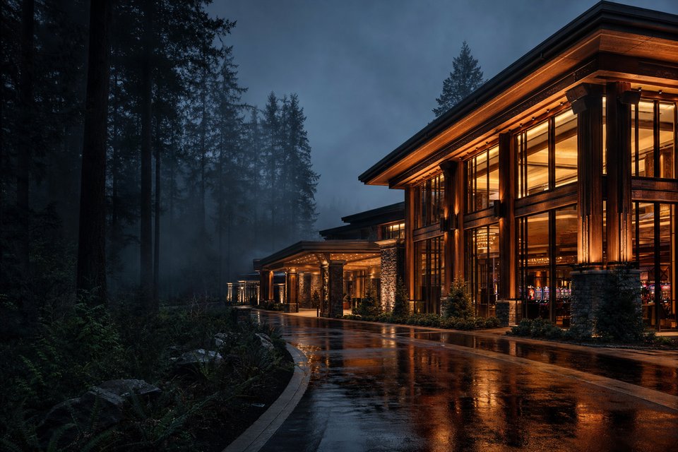 A timber-framed tribal casino resort among tall evergreens on a rainy Pacific Northwest evening (AI-generated image)