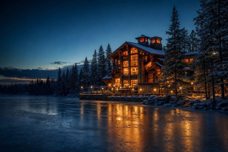 A lakeside casino lodge among tall pines at winter dusk, its windows glowing over a frozen lake (AI-generated image)