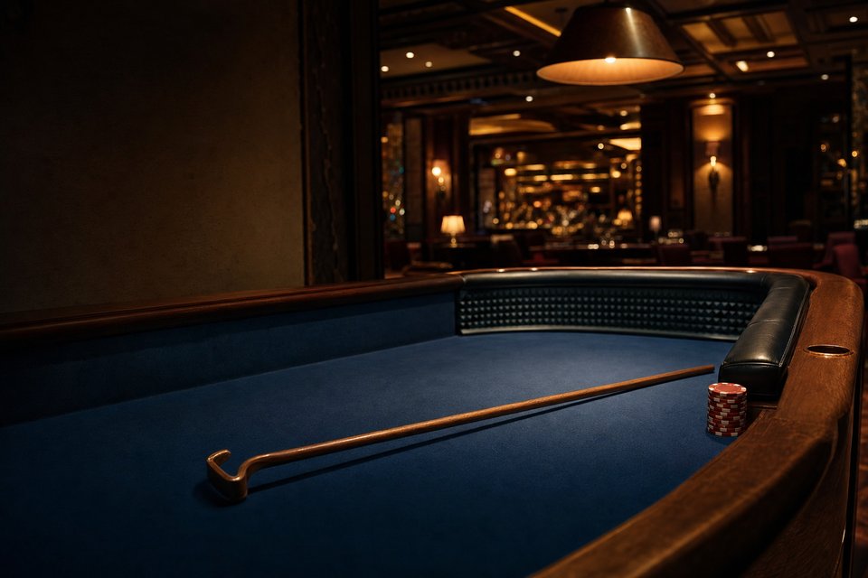 A dealer's stick resting across an empty craps layout under low light, a small stack of chips at the rail (AI-generated image)