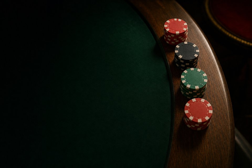 A neat row of chip stacks in the wooden chip rail of a craps table, lit from above with the felt fading into shadow (AI-generated image)