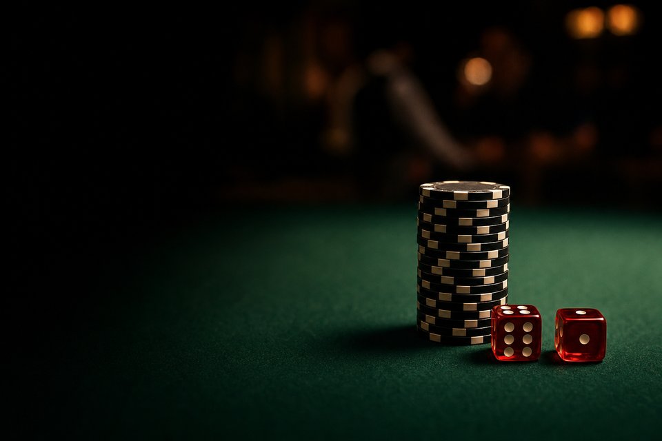 A tall stack of black chips beside two red dice on green felt late at night (AI-generated image)