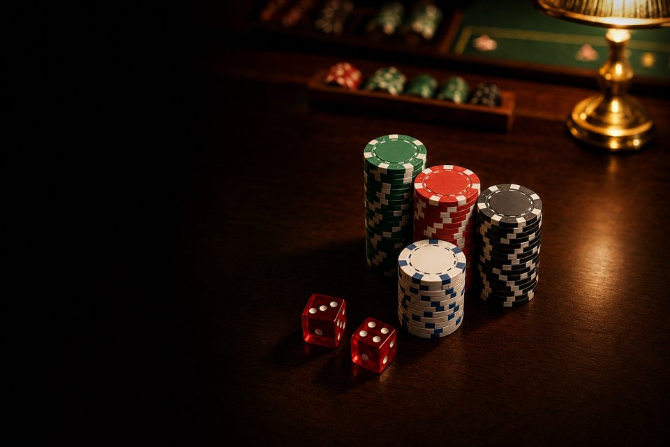 Four stacks of casino chips arranged in a cross on a walnut table, with two red dice below (AI-generated image)