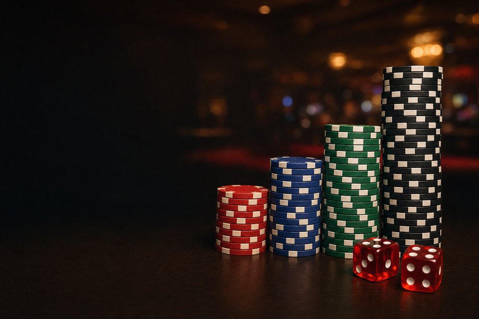 Four stacks of chips doubling in height on a walnut table, with two red dice in front (AI-generated image)