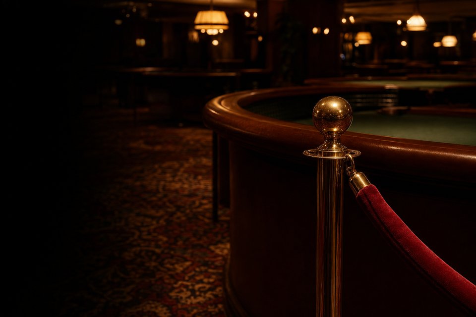 A brass stanchion and a red velvet rope in front of an empty craps table in a dim casino pit (AI-generated image)
