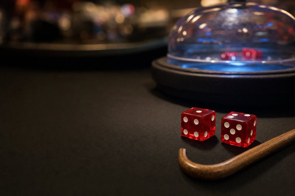 Red dice on a casino table in front of the glowing dome of a bubble craps machine and a stickman's stick (AI-generated image)