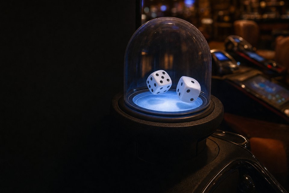 A clear acrylic dome on an electronic craps machine with two oversized dice resting inside under soft blue casino light (AI-generated image)