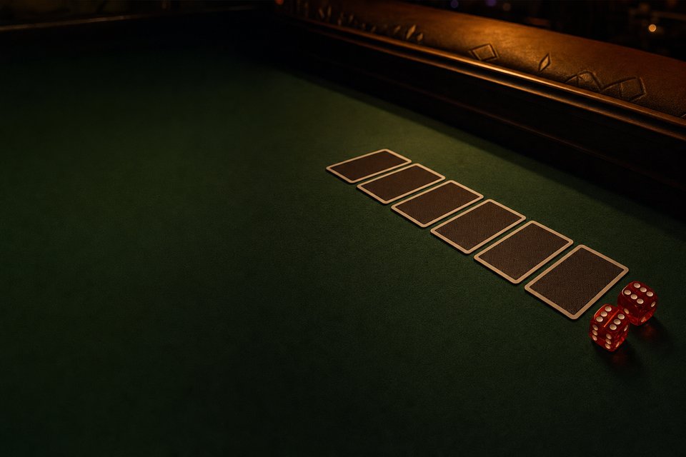 A row of six face-down playing cards laid across a green craps layout beside a pair of red dice (AI-generated image)