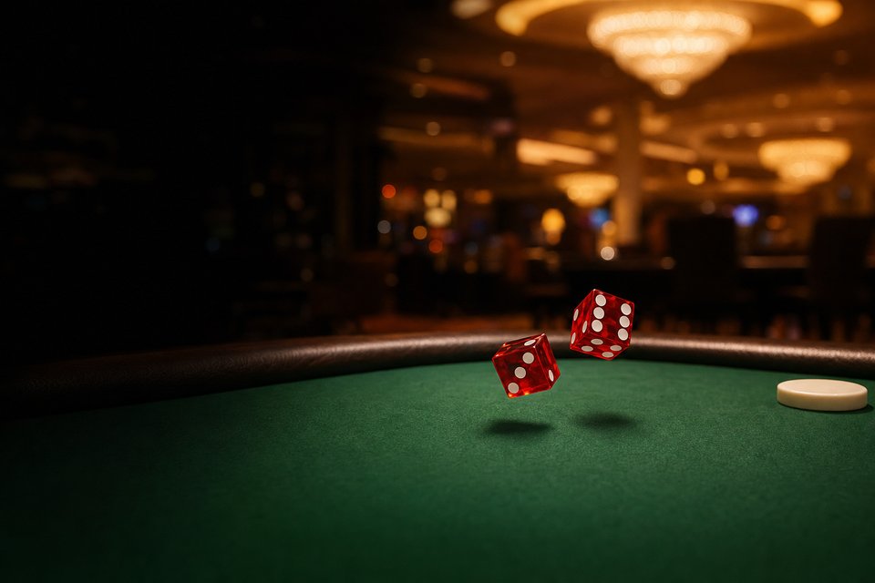 Two red dice tumbling above green felt in a casino hall, with a white puck on the rail (AI-generated image)