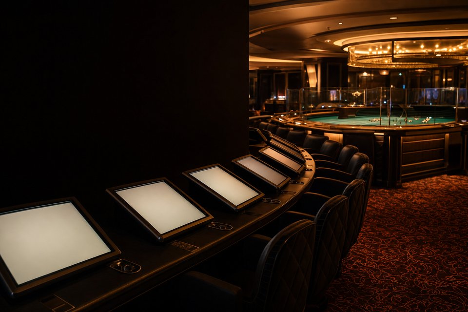A curved row of empty electronic betting terminals facing a live craps table in a dim casino stadium area (AI-generated image)
