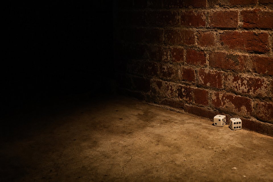 Two white dice lying against a brick wall on a concrete floor, lit by a single overhead bulb (AI-generated image)