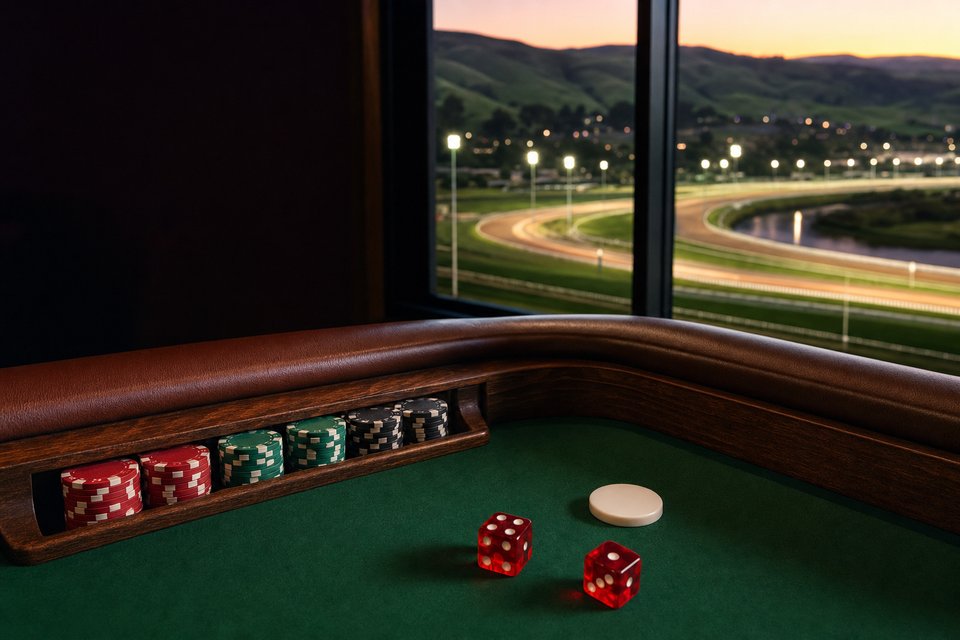 Chips stacked on a craps table rail beside a window overlooking a floodlit racetrack in green hills at dusk (AI-generated image)